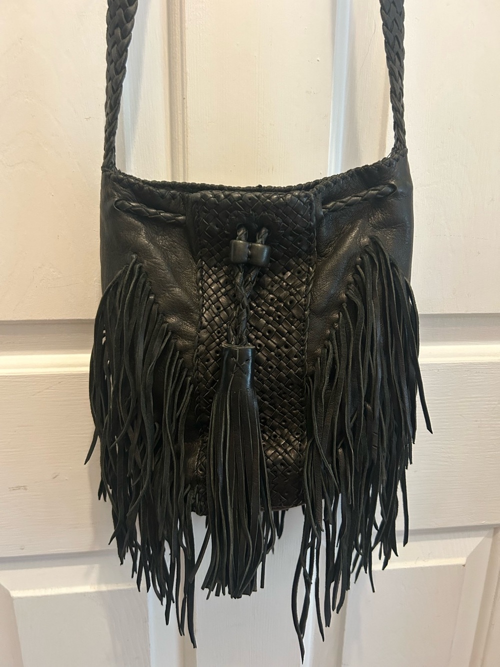 EN SHALLA Black BRAIDED ALL GEN LEATHER SOUTHWEST FRINGED CROSSBODY Shoulder Bag
